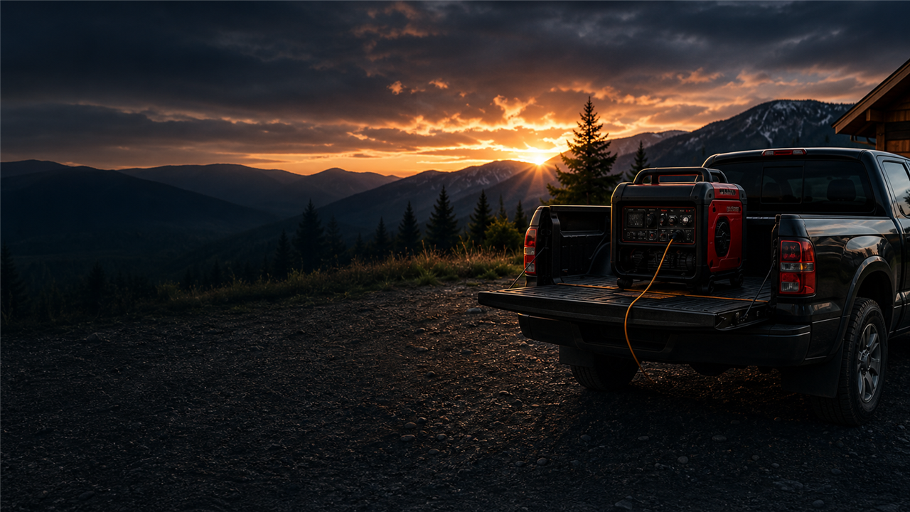 Portable generator and truck at a mountain overlook